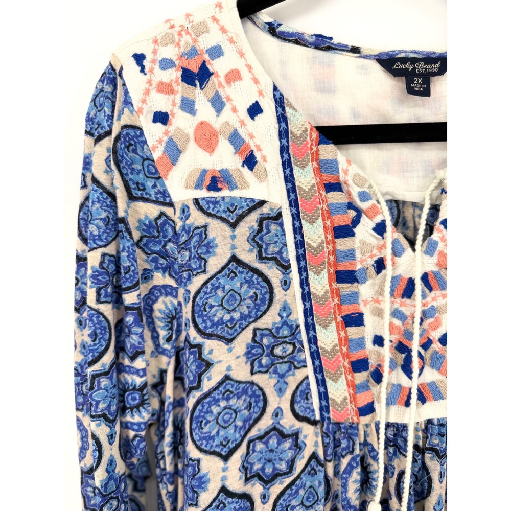 Lucky Brand Peasant Top Embroidered Medallion 2X Blue Boho Tassel Tunic - Picture 3 of 7